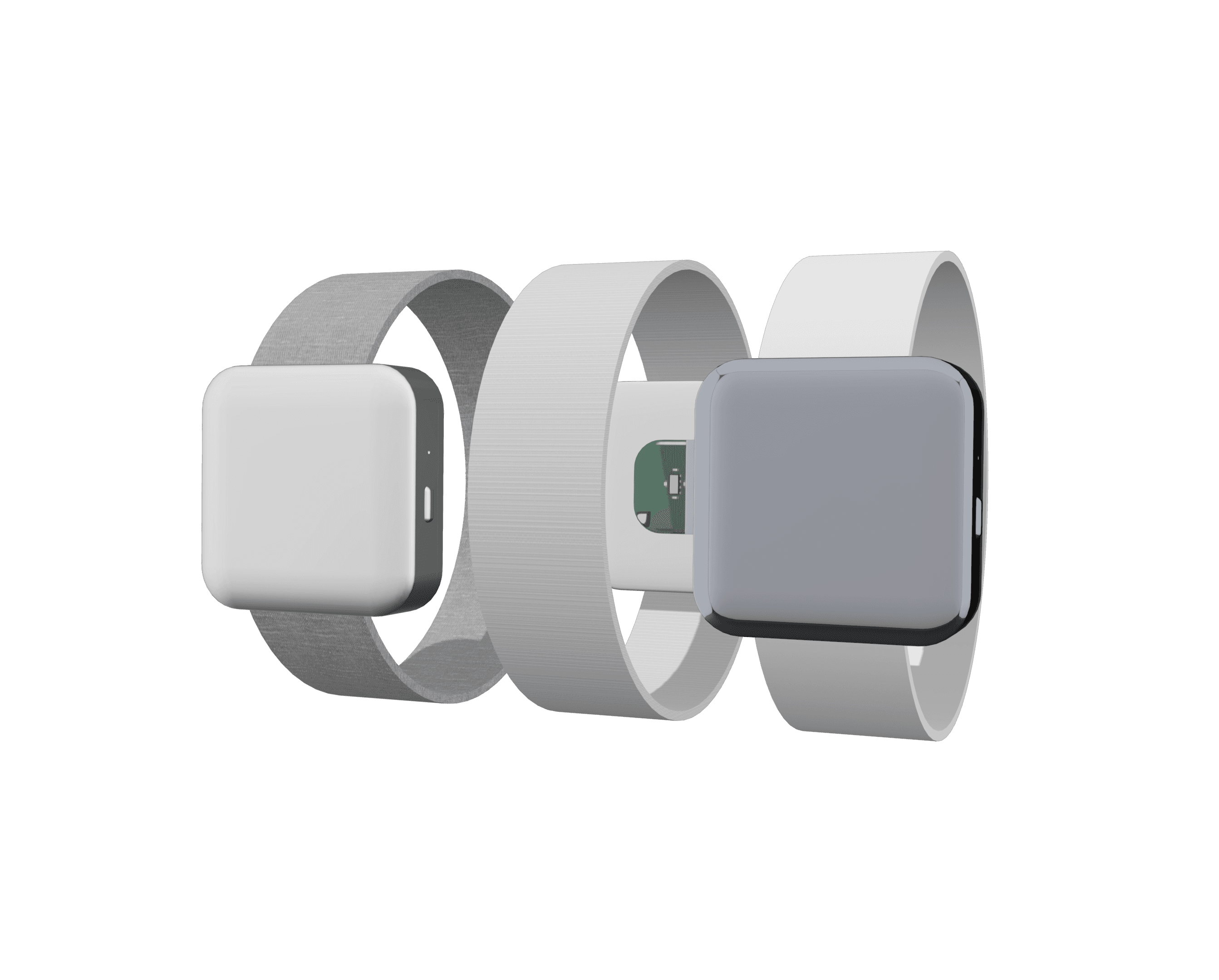 Exploded rendering of the VitalSync wearable showing strap, sensor core and charging module.